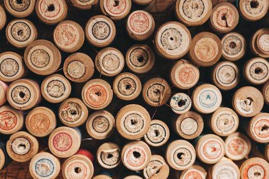 Top view of stacked vintage wooden thread spools with varied labels, creating a patterned texture.