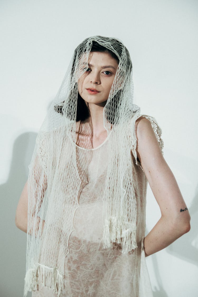 Woman In Net Dress Posing On White Background