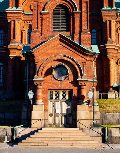 Free Gothic architectural detail of Uspenski Cathedral in Helsinki, Finland, captured in daylight. Stock Photo