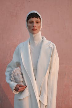 Elegant fashion photography of a woman in white, holding a sculpture, against a soft pink background.