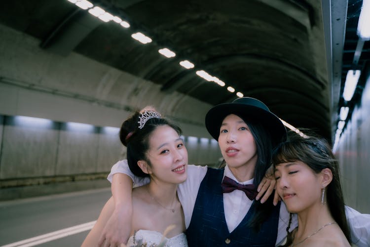 Bride With Friends On A Subway Station 