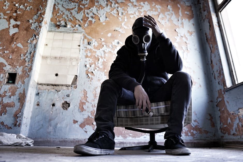 A man wearing a gas mask is seated in a dilapidated room, conveying a sense of despair and survival.