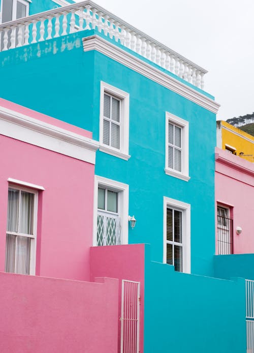 Facades of Pink and Blue Houses in Bo-Kaap in Cape Town, South Africa
