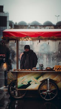 A street vendor sells roasted chestnuts at an outdoor market in Istanbul, Turkey on a gloomy day.