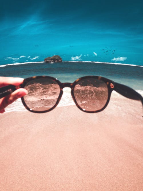 Person Holding Sunglasses in Front of Beach