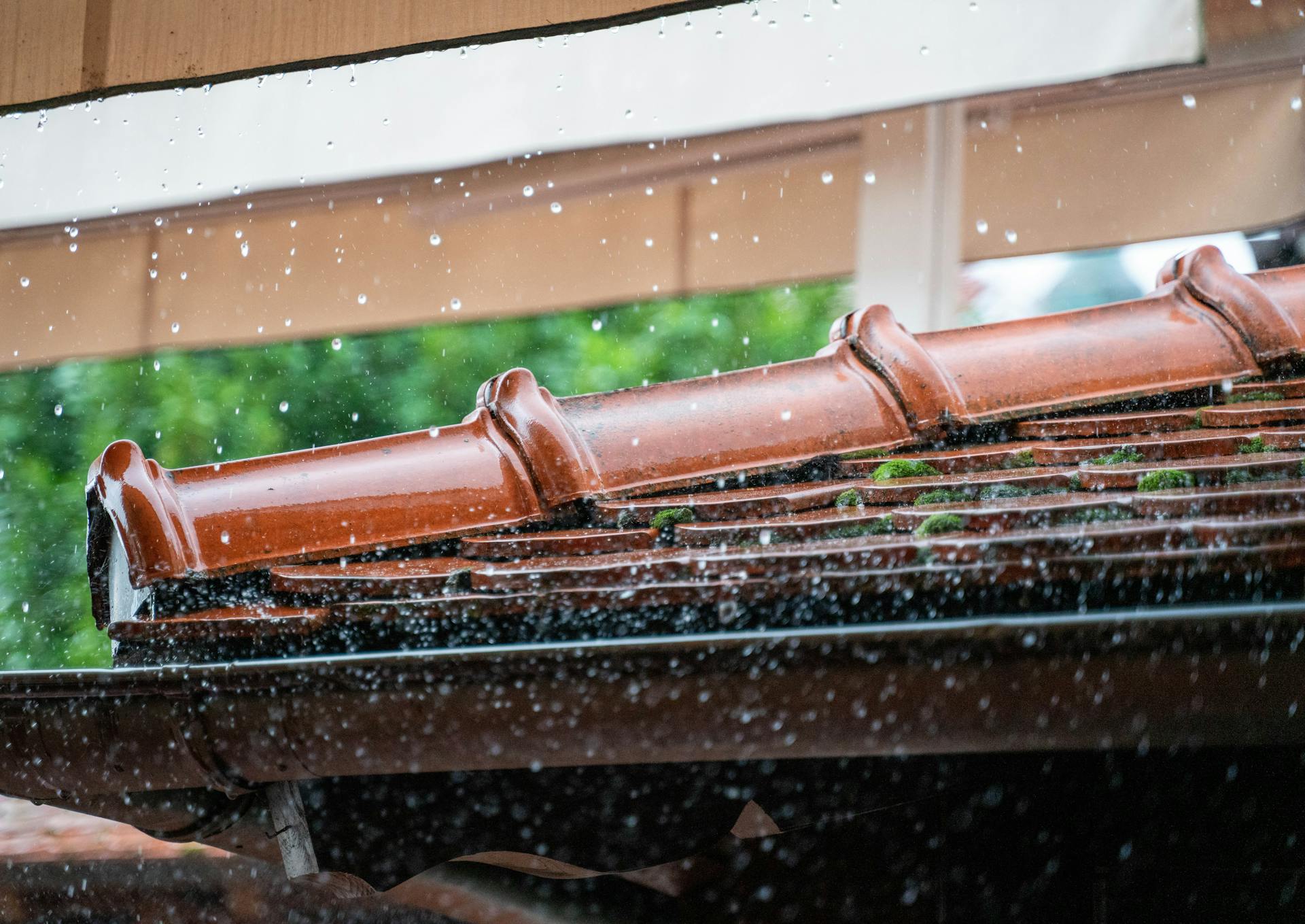 Close-up Shot of a Roof While Raining