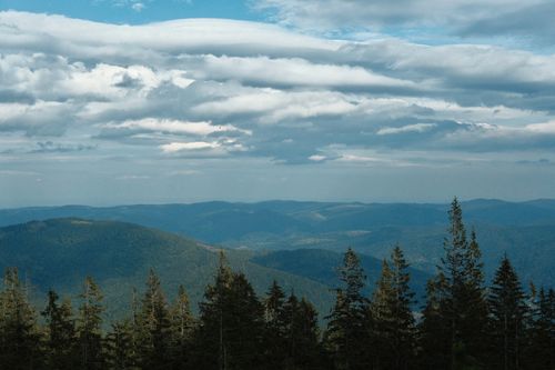 Free Majestic mountain landscape with lush trees and dramatic cloud formations. Stock Photo