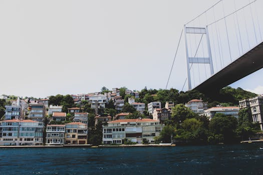 土耳其科卡西南水边的房屋和博斯普鲁斯海峡大桥的风景