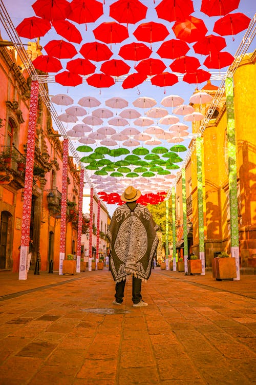 Person Looking at Umbrellas Hanging over the Street