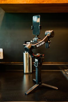 Smartphone mounted on a Ronin stabilizer tripod indoors, showcasing modern photography equipment.