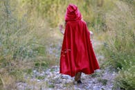 身着红色斗篷的人行走在大自然中，令人想起小红帽