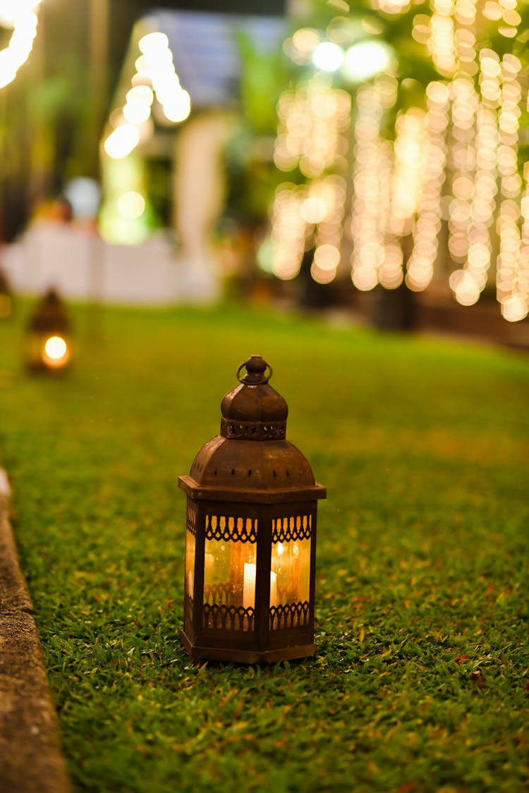 Lamp With A Candle On Grass