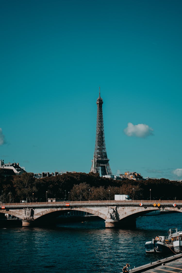 Eiffel Tower Seen From Across Seine In Paris, France