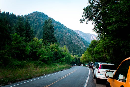 晴空下，蜿蜒的山路边停着汽车，绿树成荫