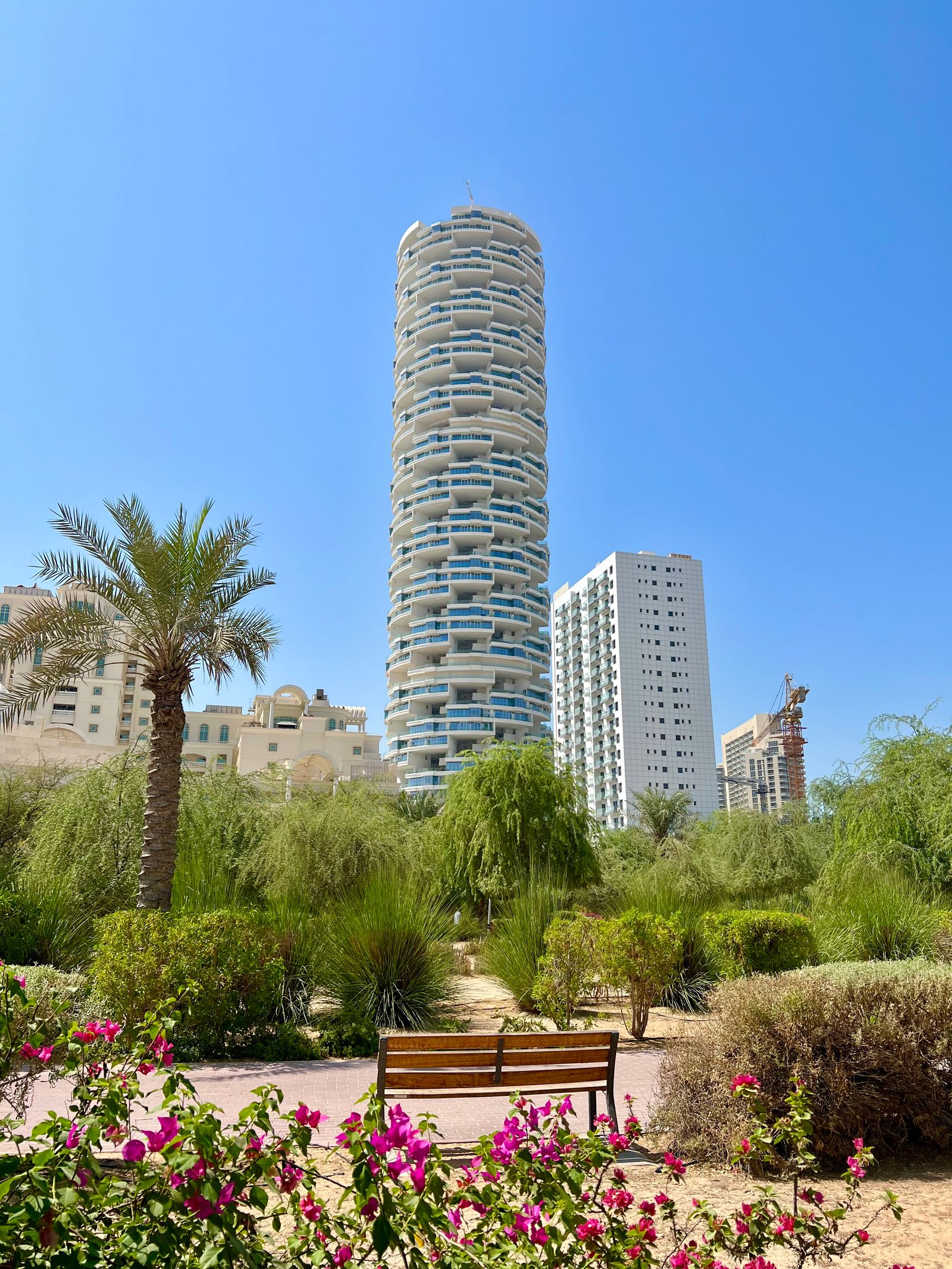 The cylindrical FIVE Jumeirah Village tower with its stacked planted balconies rising above a landscaped park with pink bougainvillea in JVC.