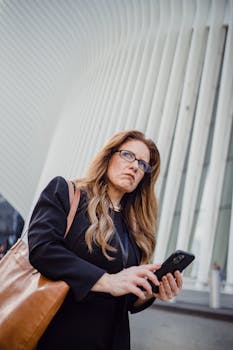 Redhead woman in black suit with brown handbag using smartphone against urban architecture.