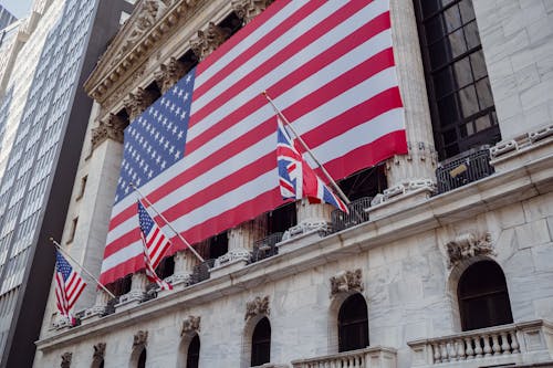 Low Angle View of American Flag on a Building 