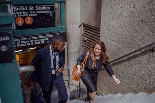 Two business professionals in suits walking up stairs at Broad Street Station.