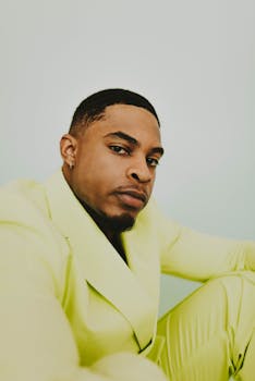 Modern portrait of a man in a yellow suit with a confident expression.