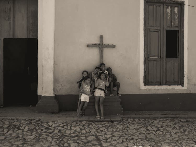 Group Of Kids In Front Of Church