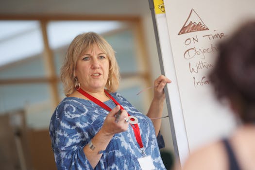 Woman delivering a business presentation at a whiteboard in a bright conference room setting.