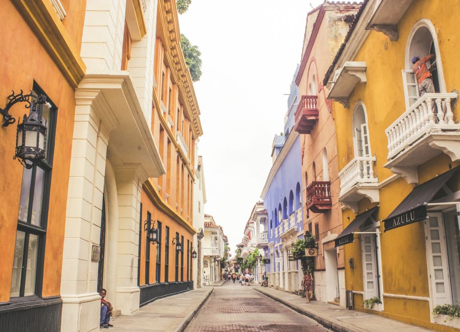 Vibrant colonial architecture on a historic street in Cartagena, Colombia.