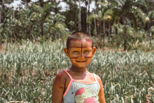 Free A young girl with face paint smiles in a lush outdoor setting, embracing nature's beauty. Stock Photo