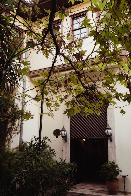 Free Charming facade with leafy entrance featuring architectural details and lush greenery. Stock Photo