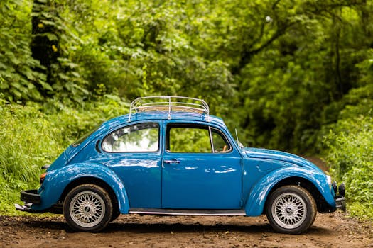 Vintage blue Volkswagen Beetle parked in a green forest setting, side view.