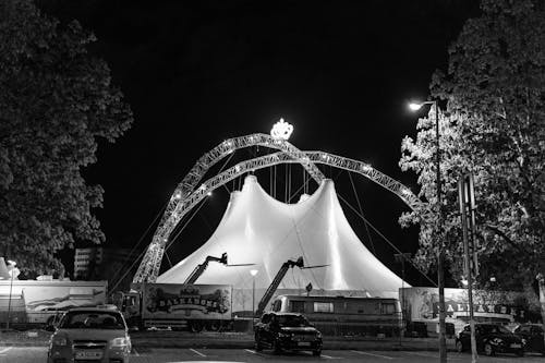 Grayscale Photo of a Circus Tent
