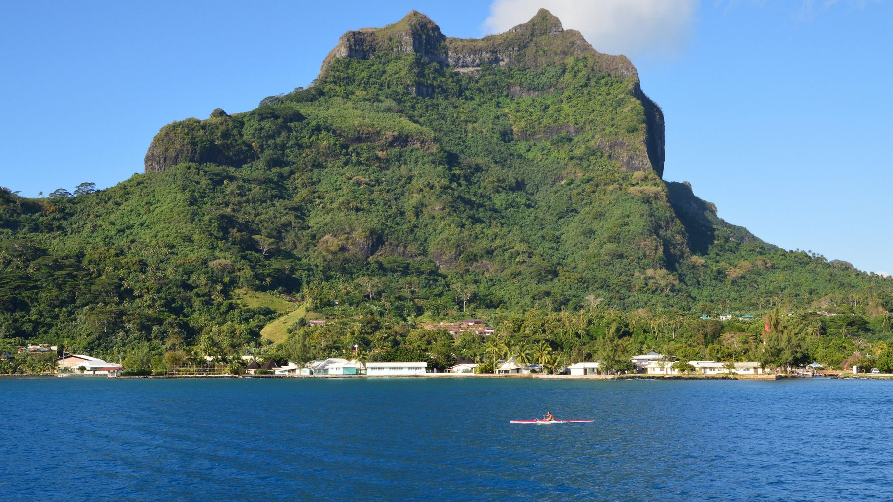 Mount Pahia rising above Bora Bora's lagoon and settled shoreline
