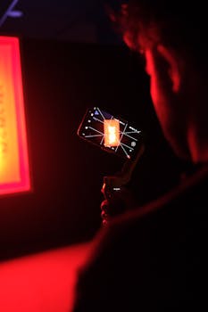 A stylish shot of smartphone videography using a gimbal in dramatic lighting.