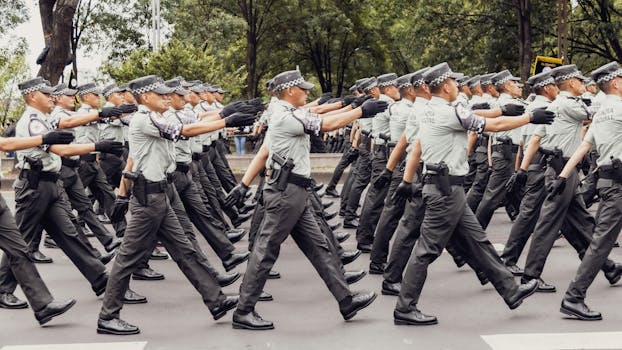 A synchronized march of police officers in uniform, showcasing unity and discipline in Mexico City.