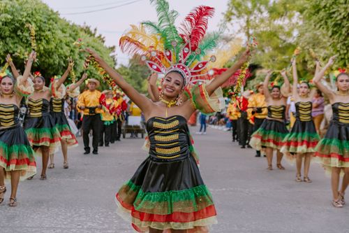 Free Colorful street parade in Nueva Granada, Colombia featuring lively dancers. Stock Photo
