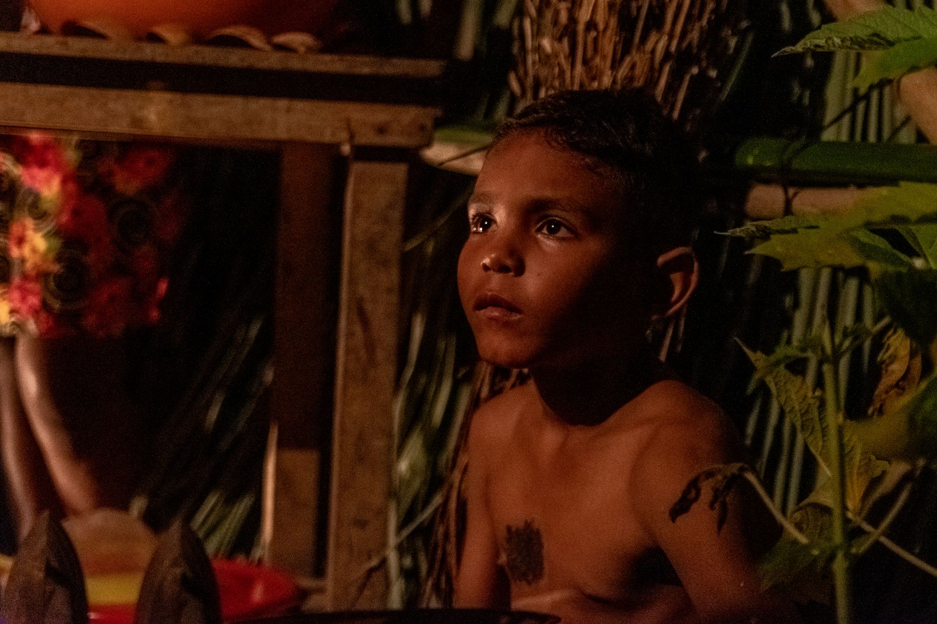 Young boy in Nueva Granada, Colombia gazes thoughtfully in dim lighting, surrounded by rustic elements.