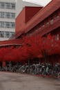 A Row of Bicycles Parked In Front of the Red Building