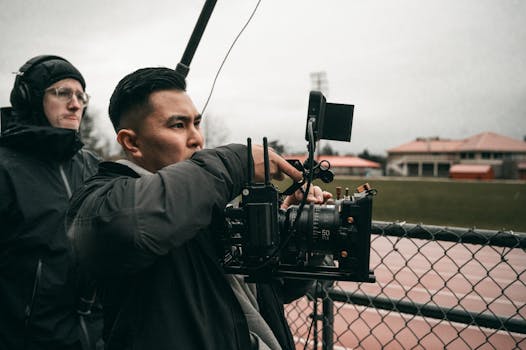 A dedicated cameraman capturing video at an outdoor sports field.