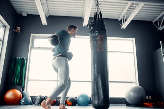 Fit man exercising with a punching bag in a well-lit gym for strength training.