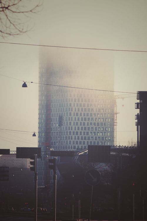 Free A modern skyscraper shrouded in fog in Gothenburg, Sweden, highlighting urban architecture. Stock Photo