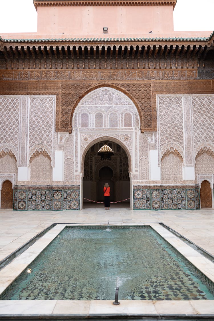 Courtyard Of The Ben Youssef Madrasa And A Pool, Marrakesh, Morocco