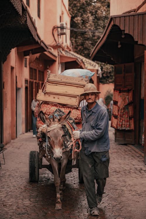 Free A man walks alongside a mule-drawn cart loaded with goods in a traditional Moroccan alley. Stock Photo