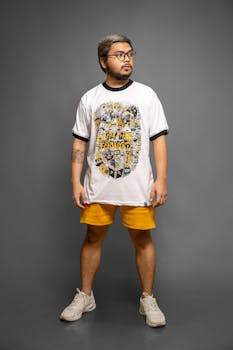 Fashionable Asian man modeling trendy streetwear with graphic tee and shorts in a studio setting.