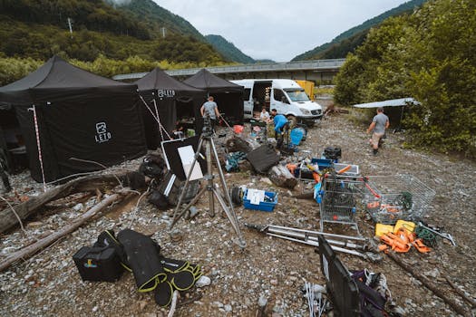 Film crew setting up outdoor equipment for a shoot near mountains with tents and vehicles.