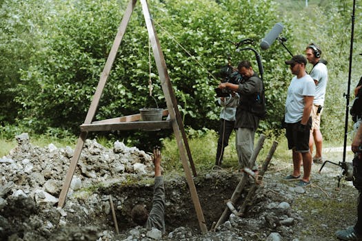 Film crew with camera and sound equipment shooting a scene outdoors in a rural setting.