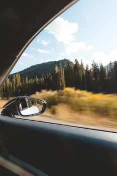 View from car window showing mountains and pine forest in motion blur.