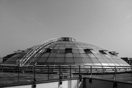 Grayscale Photo of Glass Roof Half Sphere Building