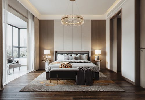 Visualization of the Design of a Luxurious Bedroom with a Double Bed and a Bay Window