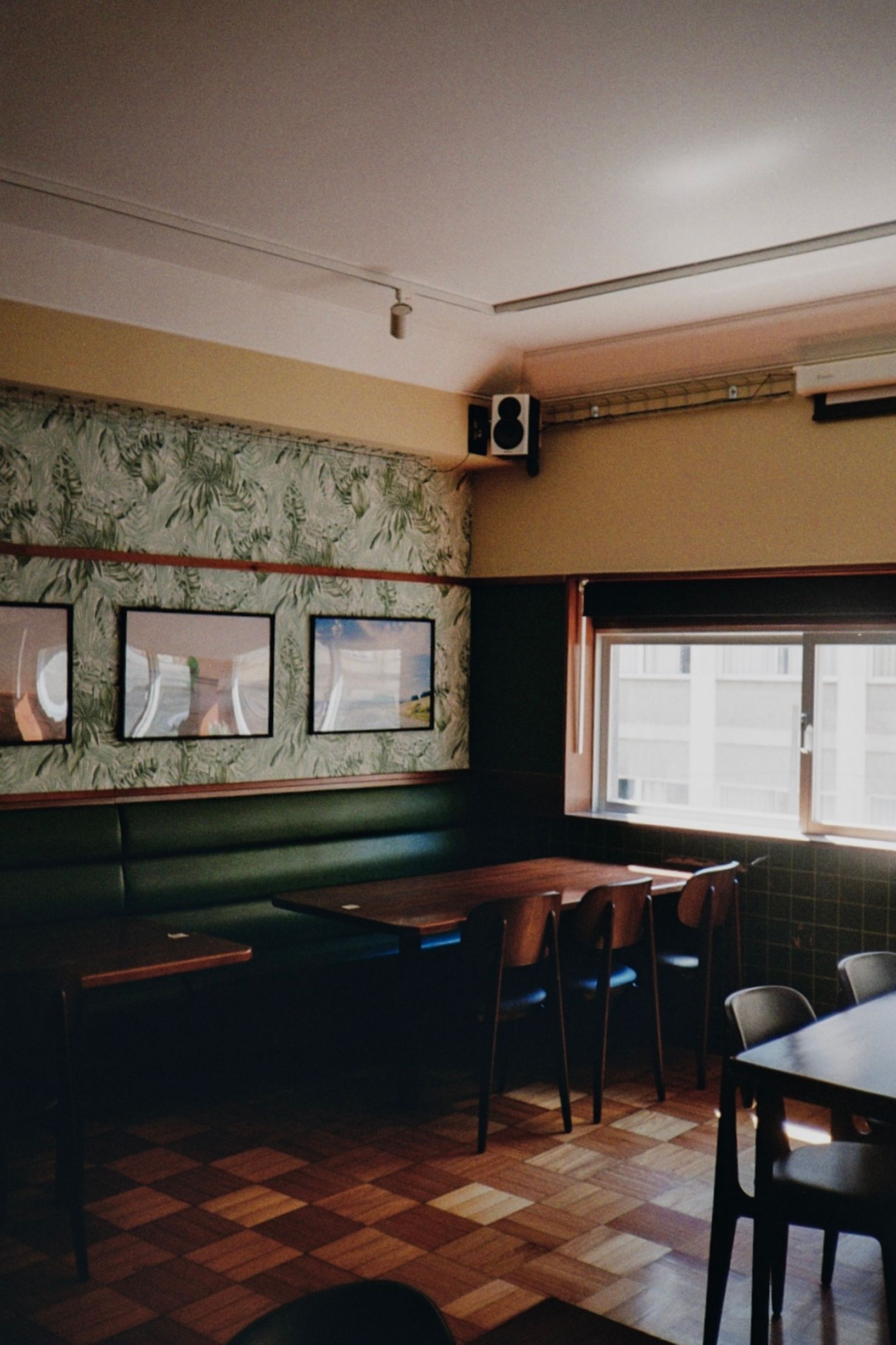 Interior of a cozy café featuring wooden tables, chairs, and nature-themed decor.