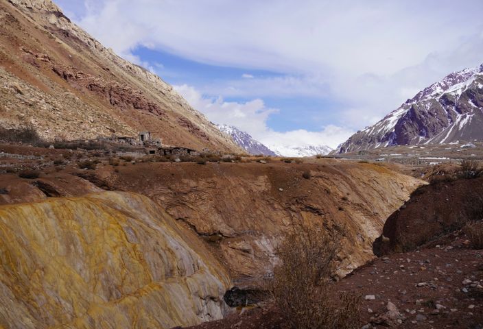 Panoramic view of the Andes Mountains with the iconic Bridge of the Inca in Argentina.