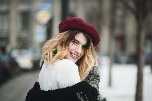 A joyful woman in winter attire with a burgundy beret, posing outdoors on a snowy day. by EVG Kowalievska